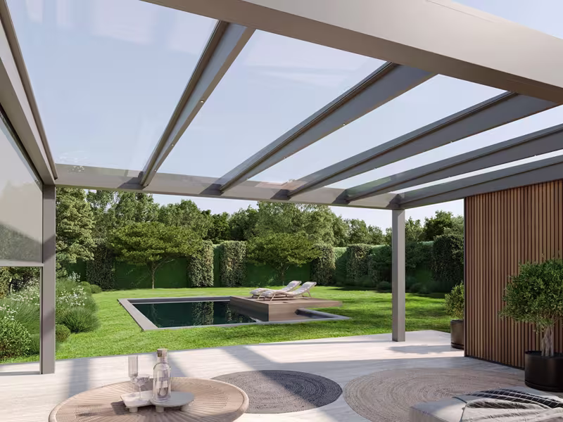 Panorama Terrassenüberdachung mit eingebauter Beleuchtung